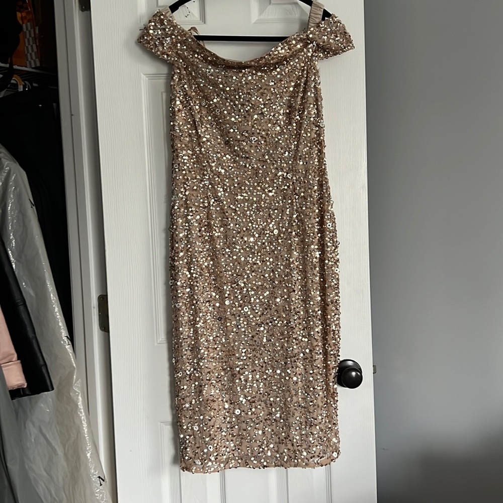 Adrianna Papell sequined off the shoulder midi dress